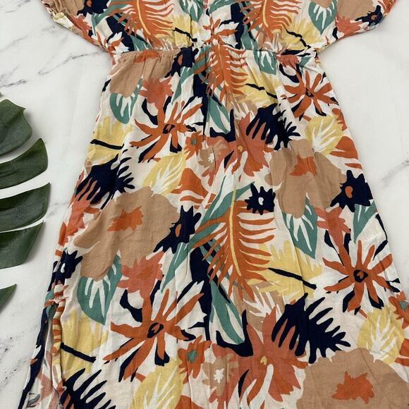 Roxy Womens Floral Midi Dress Size M Orange Blue Tropical Sheath Cover Up - Picture 3 of 9